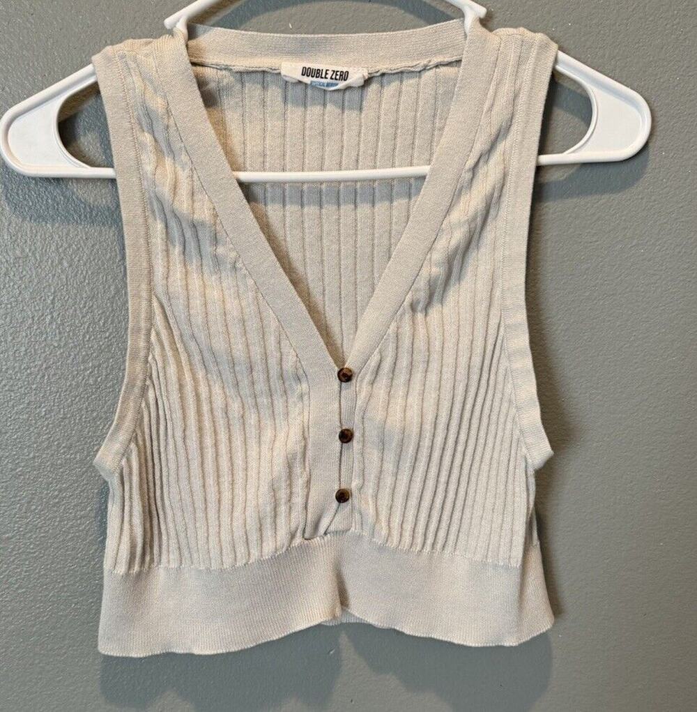 Double Zero Women's Button Down Tank Vest Crop Cream Size M